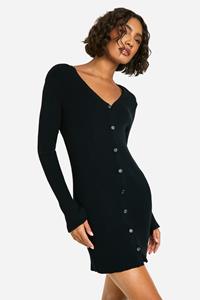 Boohoo Tall Gebreide Geribbelde Mini Jurk Met Knopen, Black