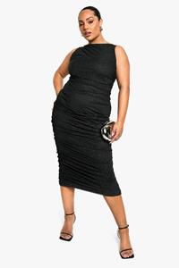 Boohoo Plus Geplooide Mesh Glitter Midaxi Jurk, Black