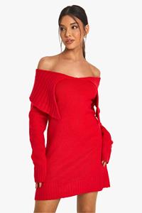 Boohoo Zachte Gebreide Off Shoulder Trui Jurk Met Grote Kraag, Red