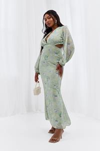 Boohoo Plus Dobby Mesh Bloemen Maxi Jurk Met Uitsnijding, Cream