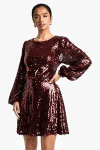 Boohoo Petite Skater Jurk Met Pailletten En Rug Strik, Red