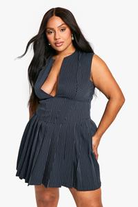 Boohoo Plus Geweven Gestreepte Geplooide Jurk Met Laag Decolleté, Navy
