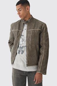 Gebleekte Pu Biker Jas Met Naaddetail, Sage