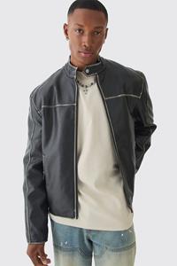 Gebleekte Pu Biker Jas Met Naaddetail In Zwart, Black
