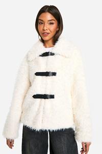 Boohoo Faux Fur Jas Met Textuur En Gesp Detail, Cream