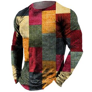 ETST 009 Vintage heren T-shirt met lange mouwen Patchwork T-shirts Tops Geruit T-shirt voor heren 3D-gestreepte bedrukte kleding Oversized Streetwear 5xl S