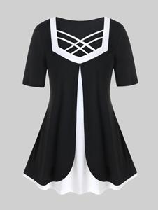 Rosegal outlets Rosegal Plus Size dubbellaagse tweekleurige tuniektop met bandjes M zwart/wit