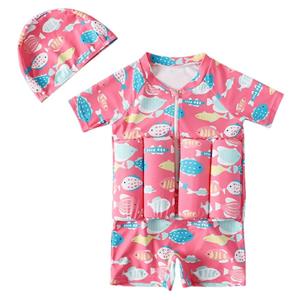 Selfyi Kinderen Peuter Meisjes Drijfzwempak Drijfvermogen Leuke Cartoon Vis Drijfpak Korte mouw Rashguard Eendelig Zwemkleding Badpak met pet 2-9T 90