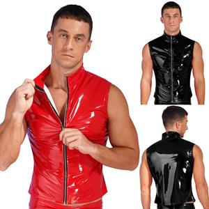 Herenmode Rits Mouwloos Jasje Wetlook Lakleer Opstaande Kraag Vest Tops Clubwear L rood