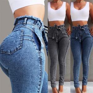 Zhuoneng Clothing Damesjeans Slanke stretch kwastriem Jeans met hoge taille Dames Dames S grijze kleur