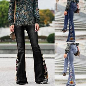 Linglong Lady hoog getailleerde stretch slanke broek borduurwerk boot-cut broeklengte jeans M zwart