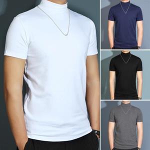 Songmeijuan Heren Zomer T-shirt Korte Mouwen Halfhoge Kraag Gestreept Effen Kleur Trui Slim Fit Zacht Ademend Business Casual Heren Kantoor Top 3XL marineblauwe kleur