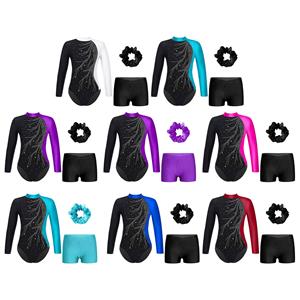 IEFiEL 2 Meisjes Gymnastiek Leotard met Shorts Hoofdband Lange Mouw Glitter Leotard Wedstrijd Danskostuum 5-6 Years paars