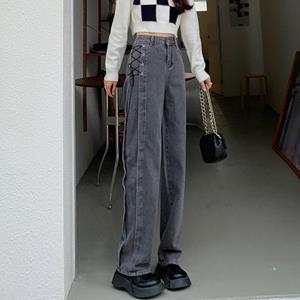 KM83CG Herfst Lente Jeans Vrouwen Denim Broek Vintage Rechte Broek Mode Vrouwelijke Solid Lace Up Losse Casual Wijde Pijpen Broek L donkergrijze kleur