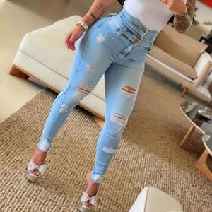 CB48DY Dames Denim Jeans Hoge taille Knoop Gescheurd gat Slanke potloodbroek Dames Skinny Jean-broek L marineblauwe kleur