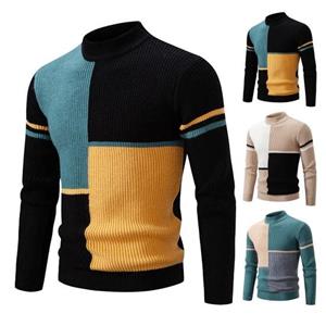 Bohuidadeng Herfst Winter Heren Trui Colorblock Gebreid Dik Slim Fit Warm Halfhoge Kraag Lange Mouw Zachte Trui Elastische Mid Lengte Heren Trui XL zwart