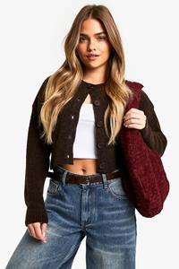 Boohoo Petite Bouclé Cardigan Met Hoge Hals, Chocolate