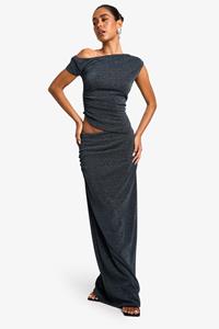 Boohoo Gebreide Metallic Maxi Rok, Mid Blue