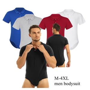IEFiEL Heren korte mouw turn-down kraag drukknop kruis shirt tops pyjama bodysuit catsuit mannelijk ondergoed M zwart