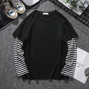 Limindong Unisex Mode Strepen Mannen/Vrouwen baju t-shirt lelaki Lange mouw Ronde hals Nep twee T-shirt 2 Kleuren effen Zwart-wit XS wit