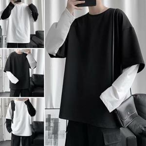 Tianhangyuan Heren T-shirt Nep Tweedelig Ronde Hals Lange Mouw Contrasterende Kleur Pullover Lente Losse Patchwork Onderkant Shirt Streetwear 2XL wit