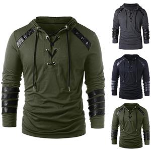 ForYourBeauty Heren wintertruien met trekkoord Vintage leren patchwork tops met lange mouwen en capuchon M groen