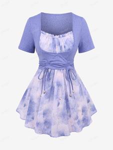 Rosegal Plus Size Tie Dye Colorblock Ruffles Gerimpelde Hot Stamping Glitter Cami Top en Gerimpeld Getextureerd Geribbeld T-shirt L paars
