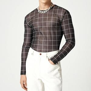 Tianhangyuan Heren O-hals Pullover T-shirt met lange mouwen Geruit patroon Doorzichtige mesh Slim Fit Dun T-shirt Clubwear L zwart