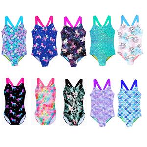 Ranrann Meisjes Eendelige badpakken Kinderen Schattige bedrukte badpakken Mouwloze badpakken Strandkleding 5-6 Years helder roze kleur/blauw