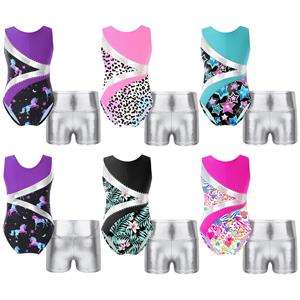 ZDHoor Kindermeisjes Mouwloze gymnastiekpakjes met ronde hals en shorts Outfits Atletische dans Biketard 9-10 Years paars/zilver