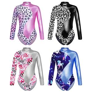Inhzoy Kinderen meisjes eendelig bedrukt turnpakje met lange mouwen en uitsparing aan de achterkant elastische gymnastiek jumpsuit 7-8 Years zwart