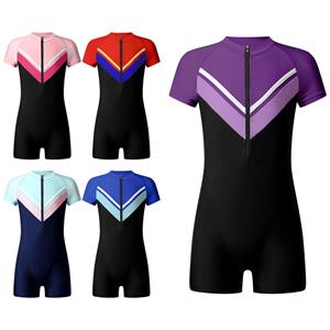 Inlzdz Kinderen Meisjes Eendelig Badpak Korte Mouw Kleurblok Rits Jumpsuit Surfen Badpak Atletische Badmode 3-4 Years rood
