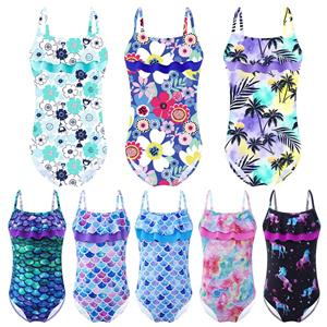 Linjinx Verstelbare bandjes uit één stuk, ruchezoom, zwemjumpsuit, kindermeisjes, badmode, strand, zwembadfeest 5-6 Years paars/groen