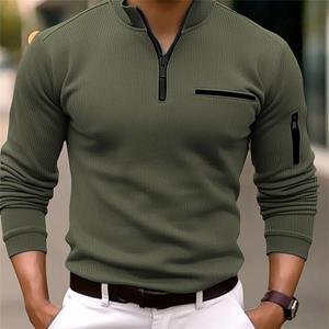 EG76LD Heren POLO Shirt Arm Rits Heren Gestreepte Lange Mouw Sportshirts Heren Top Heren Herfst Winter Kleding Casual L legergroene kleur