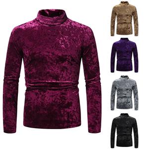 EG76LD Nieuwe lange mouwen effen kleur T-shirt heren Europees, Amerikaans heren herfst en winter coltrui suède onderkant shirt heren L zwart