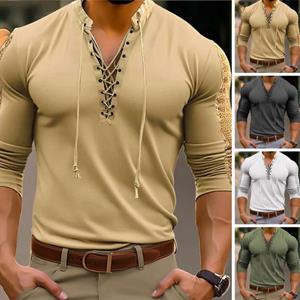 CB48DY Mannen Effen Kleur Slim Fit T-shirt V-hals Lace Up Lange Mouw Spier Tops Hoge Elastische Volwassen Mannen Shirt Tops 2XL wit
