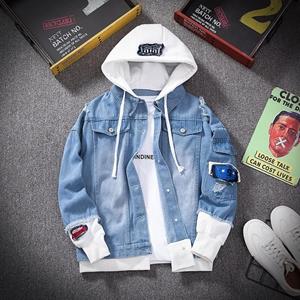 KK54GE Mannen Denim Jasje Streetwear Hip Hop Mannen Capuchon Jean Jassen Mannelijke Toevallige Losse Bovenkleding 2021 Nieuwe Lente Mode Slim fit Jas L blauw