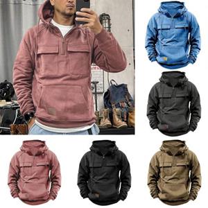 Tianhangyuan Heren herfst winter hoodie trekkoord effen kleur losse zakken lange mouw grote opgestikte zak halve rits elastische manchet heren trui top 3XL kaki