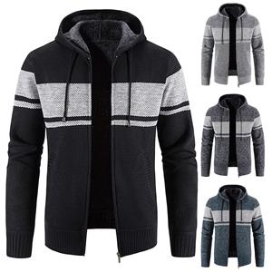 Gouhuo Herenjas met capuchon, pluche, geruit breiwerk met trekkoord, trui, warme effen kleur jassen, tops L zwart