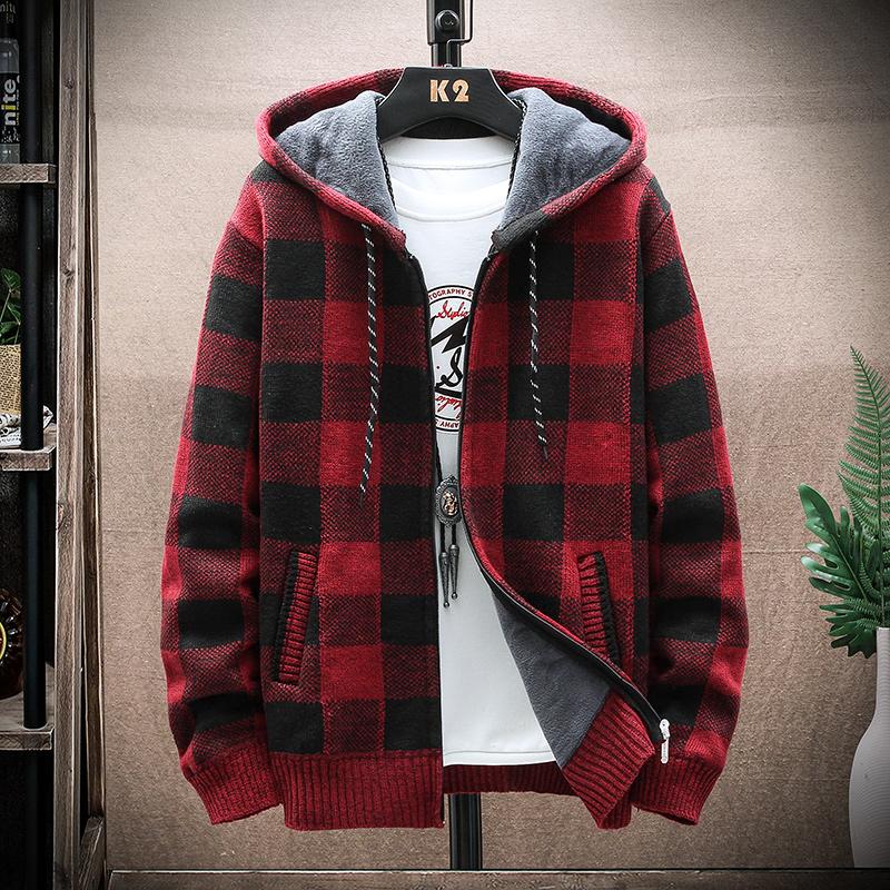 Yoxier Heren Fleece Warm Cardigan Plaid Trui Capuchon Winterkleding Harajuku Jas Volledige Rits Cardigans Jas Mode Gebreide Trui M  50-55kg