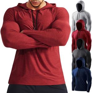 Western Cool Men Mannen Zomer Sport Hoodie Lange Mouw Trekkoord Elastisch Losse Zweetabsorptie Sneldrogend Zacht Ademend Effen Kleur Basketbal Sporttop L rood