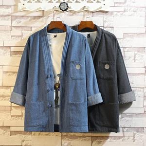 DSorothy Japanse stijl Kimono Haori Samurai gewaden Jurk Chinese Hanfu Cardigan Jassen Mode Retro Qipao Tops Denim Jassen Casual Blouse 3XL zwart