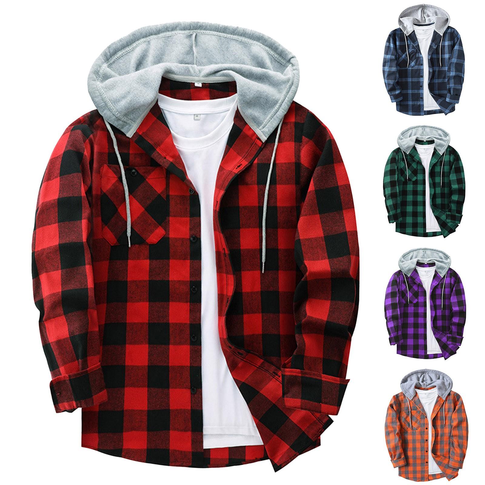 Wahaha123 Heren geruit overhemd met capuchon en knoopsweater Casual mode-sweatshirt voor heren XXXL