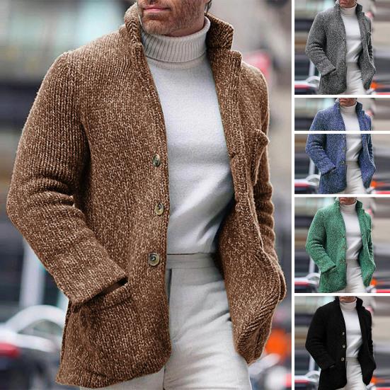 Mannen vintage opstaande kraag trui jas casual enkele rij knopen opstaande kraag lange mouwen zakken slanke trui jas L grijs