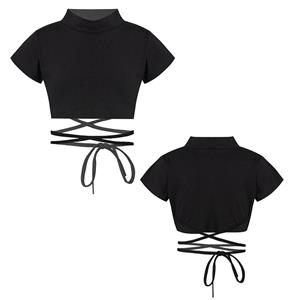 Aislor Kinderen meisjes korte mouw Mock Neck atletische sport crop top strappy taille jazzdans top T-shirts 3-4 Years zwart