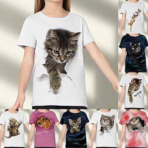 ETST WENDY 09 Kinderen Meisjes 3D Kat T-shirt T-shirt Korte mouw Kat Grafisch Dier Regenboog Kinderen Tops Actief Schattig 3-12 jaar 100