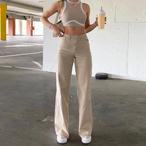 Yukiesue Vrouwen Puur Katoenen Broek Hot Girl Stijl Hoge Taille Afslankende Denim Flared Broek Jeans Vrouwelijke Vrouwen Zwarte Casual Broek S beige