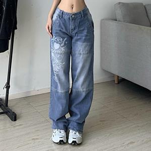 Yukiesue Harajuku gedrukt Cargo Jeans Y2K Donkerblauw bruin Hoge Taille Streetwear 90S Baggy Jeans Vrouwen Broek Rechte jeans met wijde pijpen S blauw