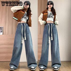 WTEMPO Plus Size M-6XL Vintage Cargo Jeans Dames Lente Herfst Y2k Streetwear Losse Jeans Met Hoge Taille Rechte Cargo Jeans Met Wijde Pijpen Dames M blauw
