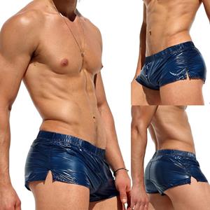 Badmode heren laagbouw zijsplit shorts effen kleur slim fit glanzende zwembroek vakantie strand zwembad feest nachtclub kostuum M marineblauwe kleur